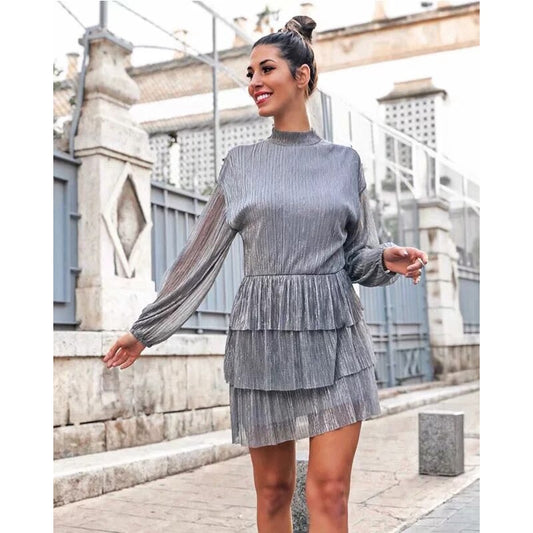Long Sleeve Stacked Gold Silk Waist Dress