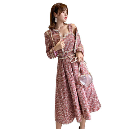 Fashion Ladies Bright Silk Tweed Stitching Ribbon Dress Suit