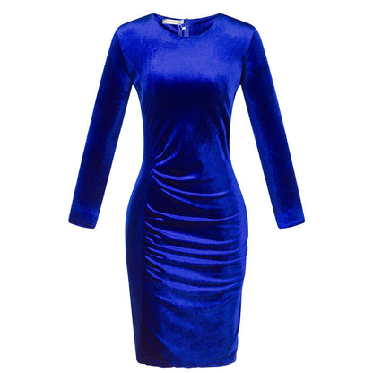 Korean Velvet Slim Long-sleeved Gold Silk Velvet Bag Hip Dress