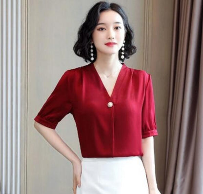 Temperament V-neck silk shirt