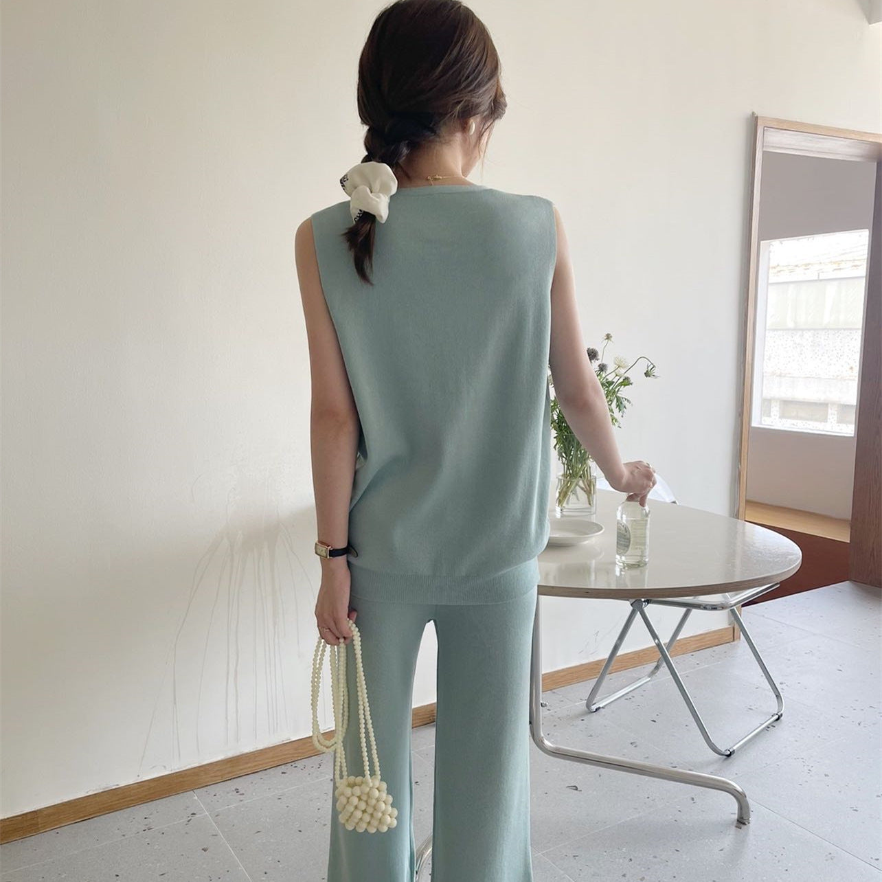 Ice Silk Breasted Knitted Vest  Wide Leg Pants Fashion Two-piece Set