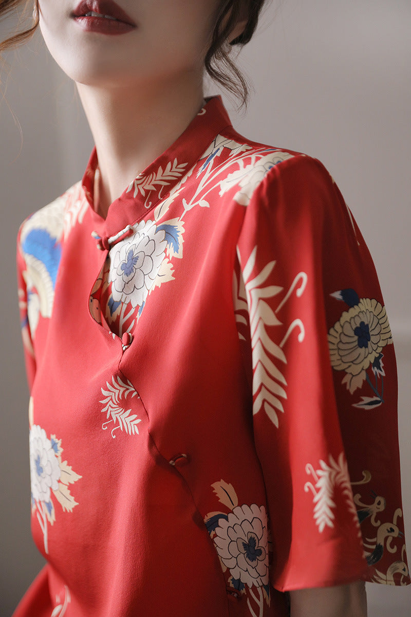 Chinese Style Women's Stand-up Collar Silk Shirt Women