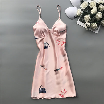 Imitation silk print suspender skirt