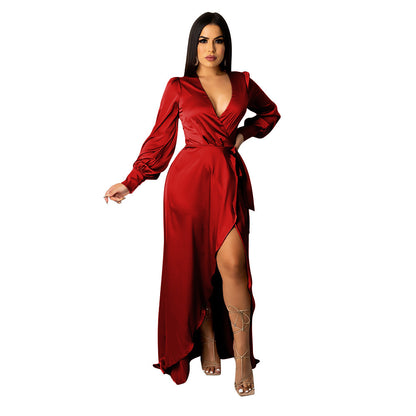 Fashionable V-Neck Silk Face Solid Color Lace Irregular Long Dress