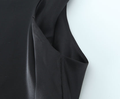 Women's Fashion Sleeveless Pleated Waist Tight Silk Satin Dress