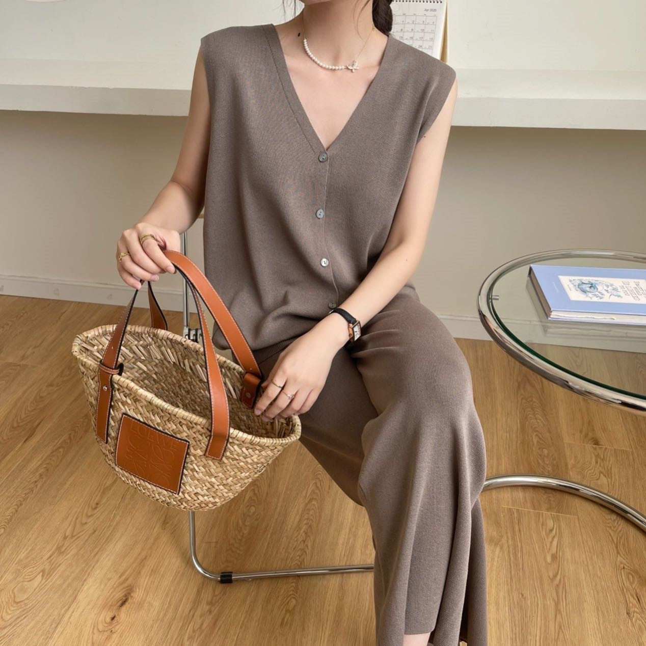 Ice Silk Breasted Knitted Vest  Wide Leg Pants Fashion Two-piece Set