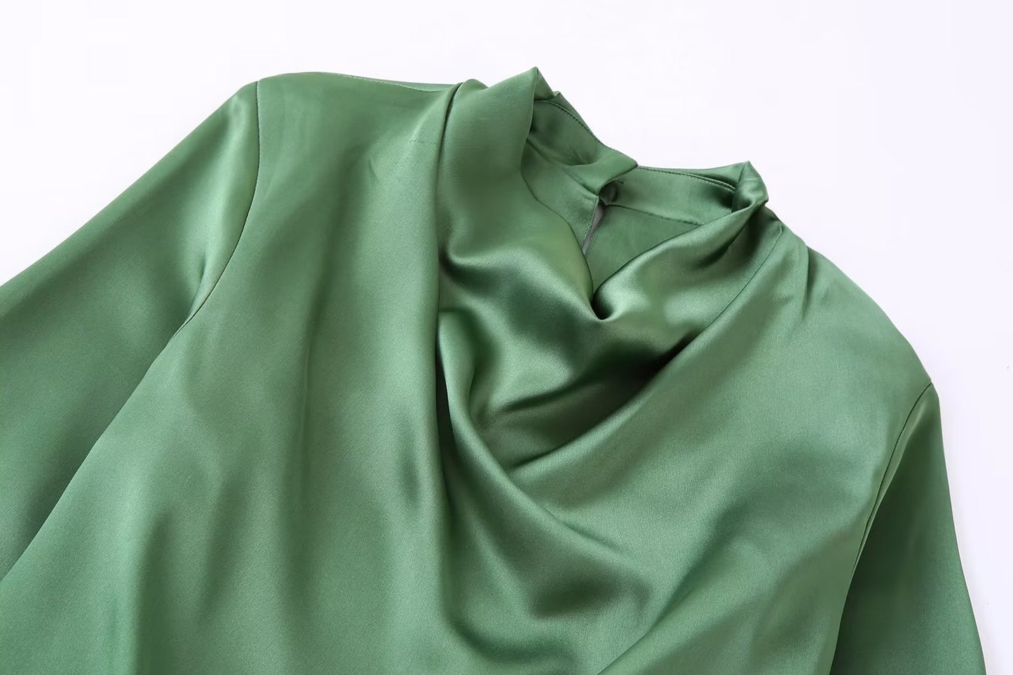 Women's Green Draped Neck Silk Satin Long Sleeve Shirt