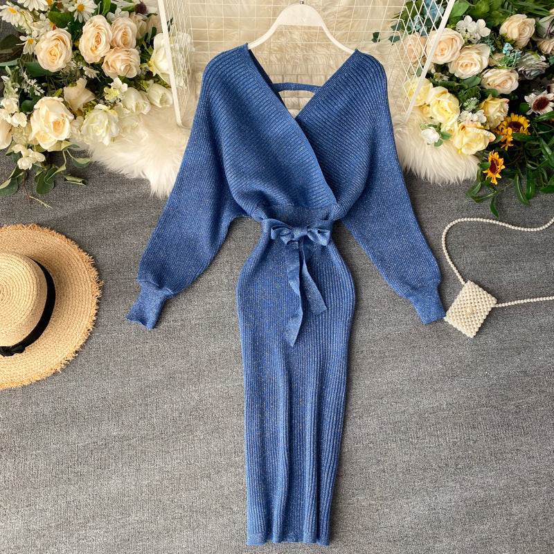 Fashionable And Simple V-neck Bright Silk Knitted Dress