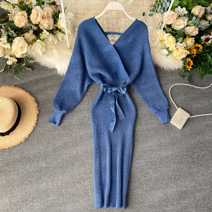 Fashionable And Simple V-neck Bright Silk Knitted Dress