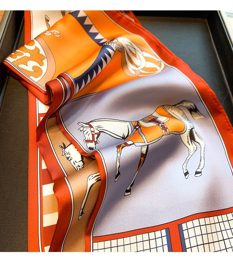Silk-like Horse Printing Fashion Scarf Warm Decoration Small Scarf Double-sided Scarf Hair Band For Women