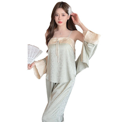 Women's Ice Silk Sling Nightgown Three-piece Set