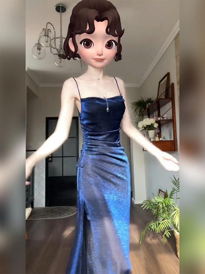 Bright Silk Blue Suspenders Bright Silk Sling Dress Women