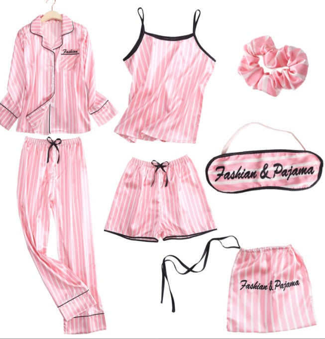 Simulated Silk Striped Seven-piece Loungewear
