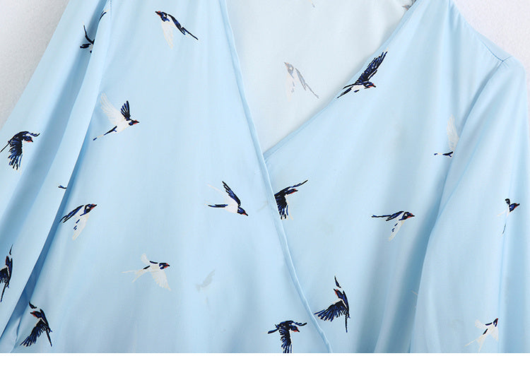 Swallow print silk satin V-neck short shirt