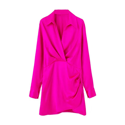 European And American Style Silk Satin Texture Waist Shirt Dress