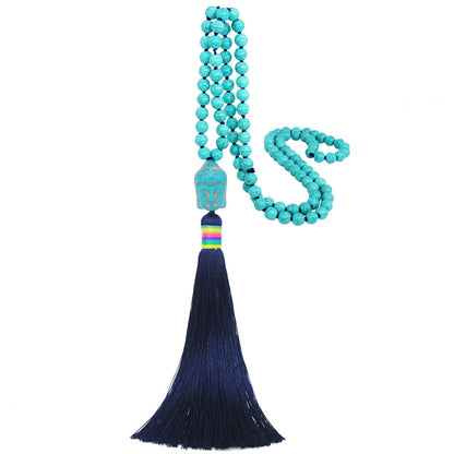Bohemian Folk Art Antique Turquoise Silk Thread Tassel Necklace