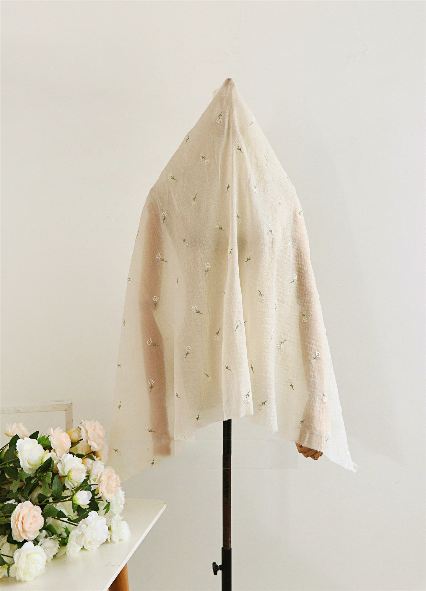 New Silk Crinkled Rose Embroidered Beige Fabric