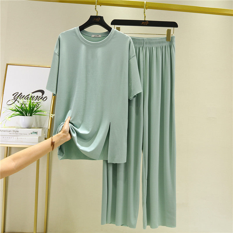 Loose Summer Women's Ice Silk Thread Mask Short Sleeve Slit Pajamas