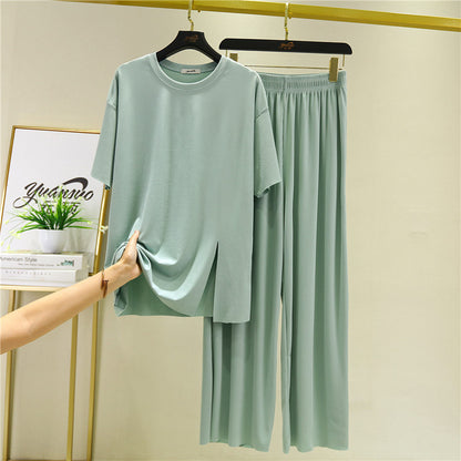 Loose Summer Women's Ice Silk Thread Mask Short Sleeve Slit Pajamas