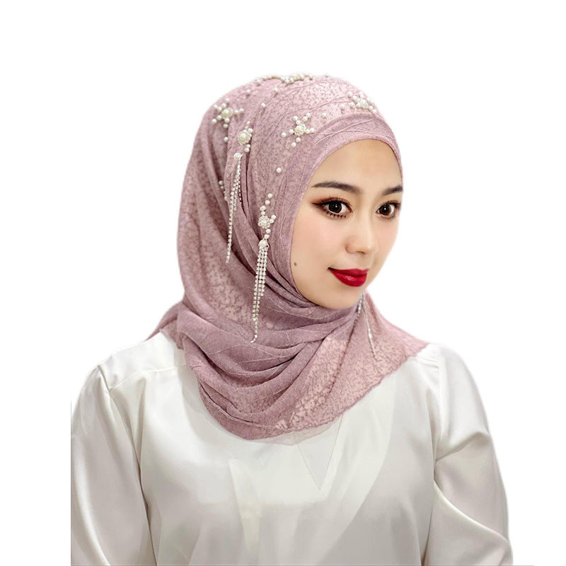 Malay Ladies Tassel Solid Color Headscarf Gold Silk Beaded