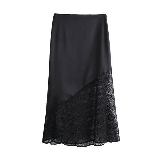 European And American Style Lace Stitching Silk Satin Texture Midi Dress