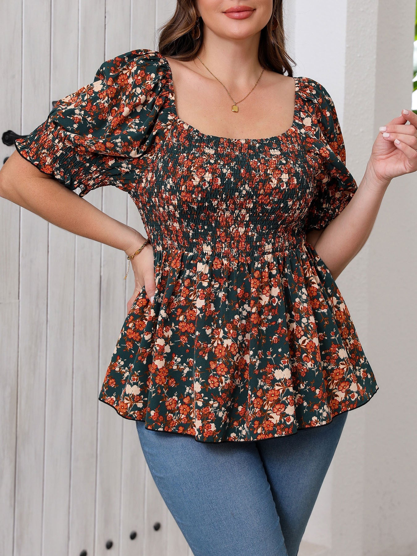 Floravie Shirred Square-Neck Blouse