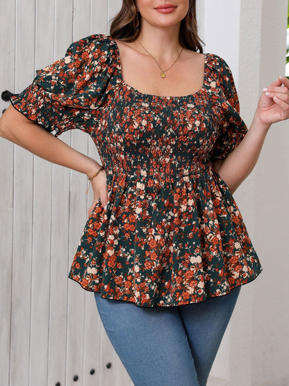 Floravie Shirred Square-Neck Blouse