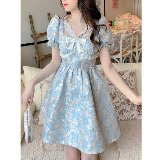 Summer New Holiday Bright Silk Jacquard Bow Dress