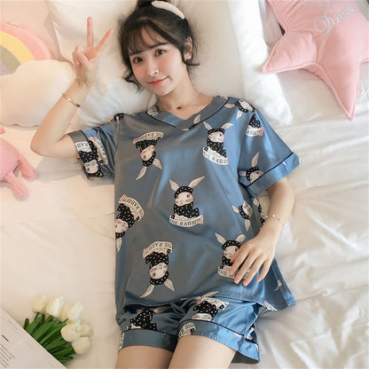 Women's Loose Casual Short Sleeve Ice Silk Pajama Set