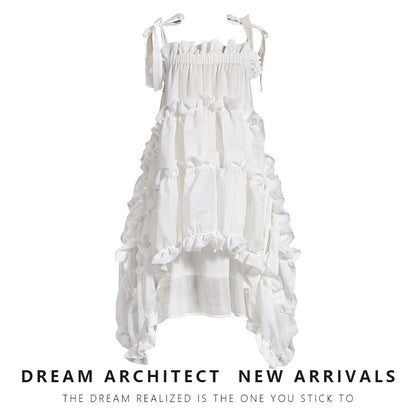 Niche Dark Artificial Silk Irregular Pleated Lace Sling Dress