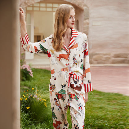 Pajamas Female Spring And Summer Long-sleeved Lapel Silk Cartoon