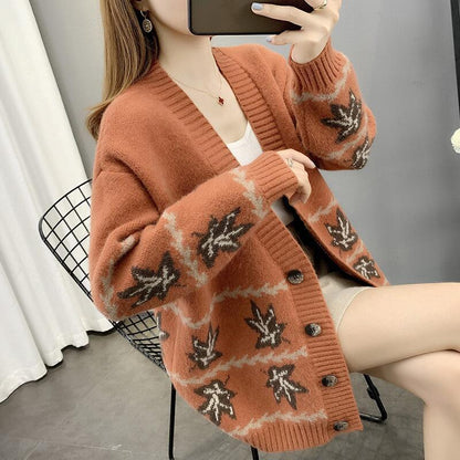 Maple Leaf Jacquard Knitted Cardigan Women's Loose Sweater