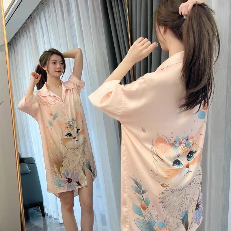 Silk Nightdress Women's Summer Thin Ice Silk Plus Size Loose Pajamas