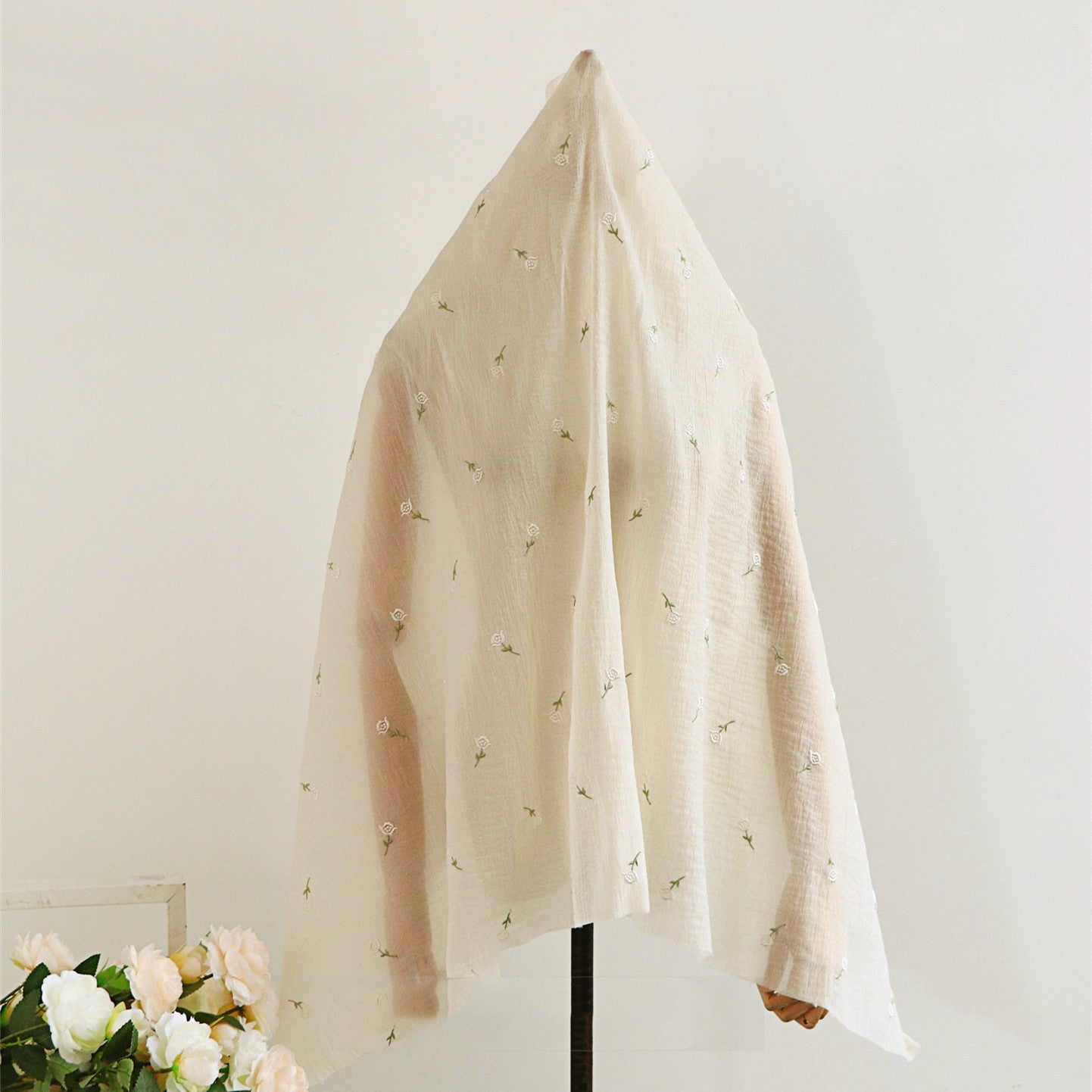 New Silk Crinkled Rose Embroidered Beige Fabric