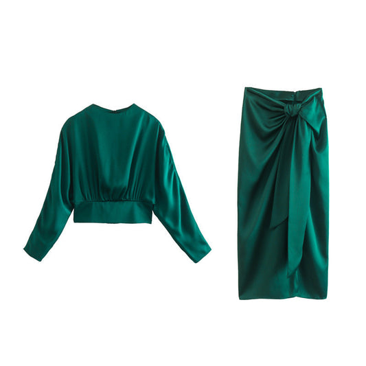 Women's Silk Shirt With Knot Decoration Skirt Suit