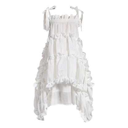 Niche Dark Artificial Silk Irregular Pleated Lace Sling Dress