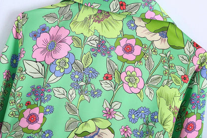 Silk Satin Floral Print V-Neck Dress Short Skirt