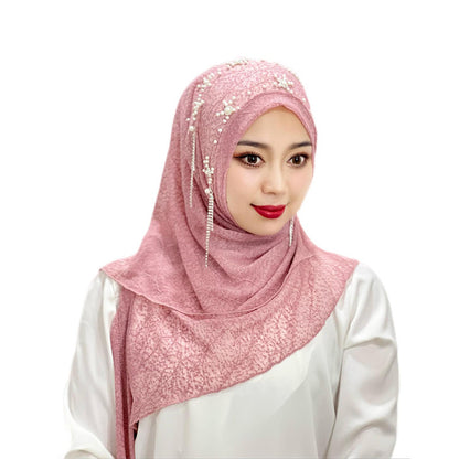 Malay Ladies Tassel Solid Color Headscarf Gold Silk Beaded