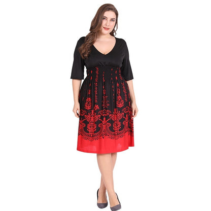 Women's Loose Round Neck Ice Silk Printed Large Swing Dress