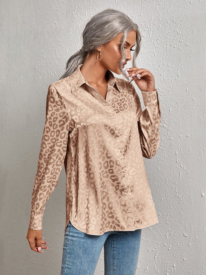 Lapel Button Leopard Jacquard Faux Silk Shirt