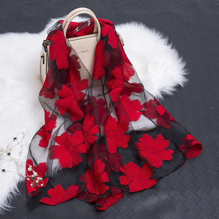 Lace Stitching Cut Flower Paisley Silk Scarf
