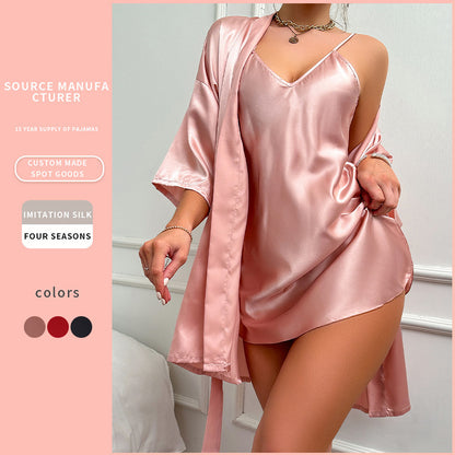 Plus Size Ice Silk Silk Nightdress Outerwear Gown Suit