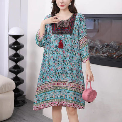 Cotton Silk Floral Dress Vintage Women's Clothing
