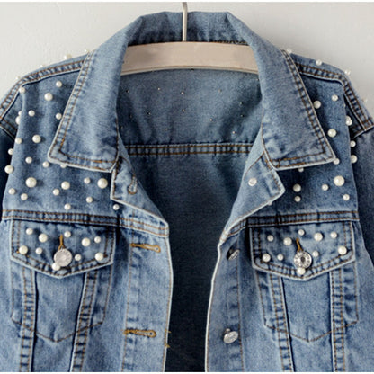 Beaded pearl loose casual women's denim jacket