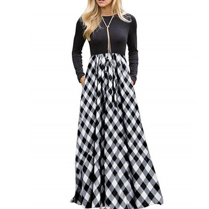 Printed Plaid Pocket Milk Silk Round Neck Long Sleeve Big Sleeve Dress