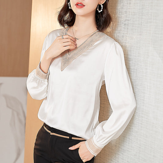 Business Wear Embroidered Satin Silk V Neck Shirt