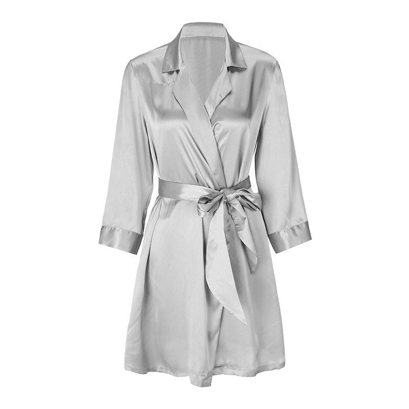 Lace Up Simulation Silk Bathrobe French Satin Pajamas