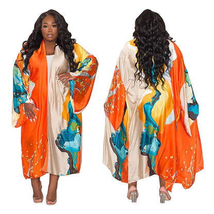Kimono Silk-like Multi-print Coat