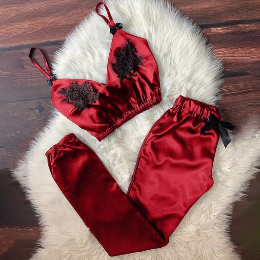 Lace Sling Bra Simulated Silk Pants Comfortable Sleep Underwear