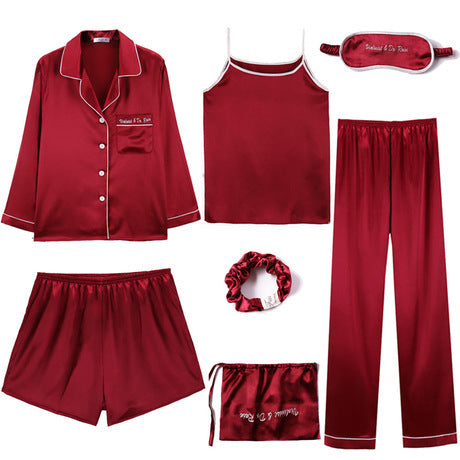 Pajamas long-sleeved ice silk seven-piece suit